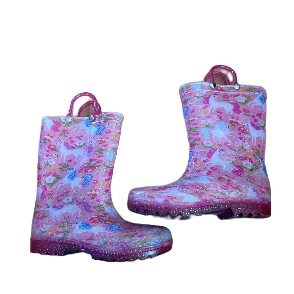 Girls Pink Unicorn Print Rain Boots with Easy Pull Handles Sz 13/1 Members Mark